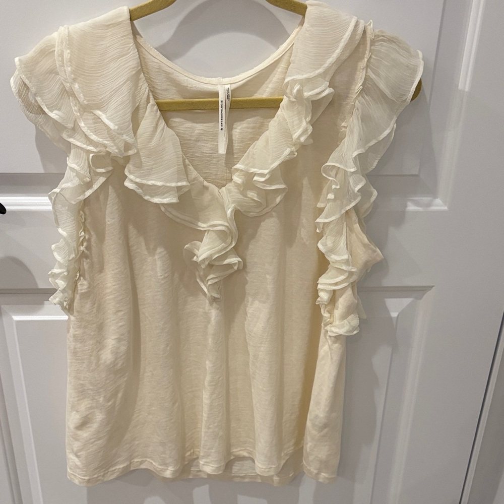 [NWT] Anthropologie Sleeveless Cream Blouse with Ruffle - XL